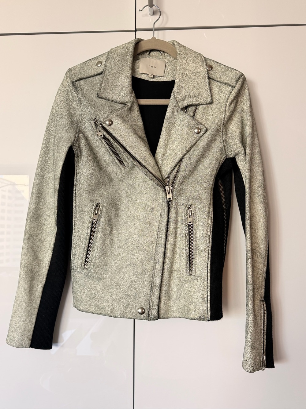 IRO Metallic Silver Cracked Leather Moto Jacket with Black Knit Panels